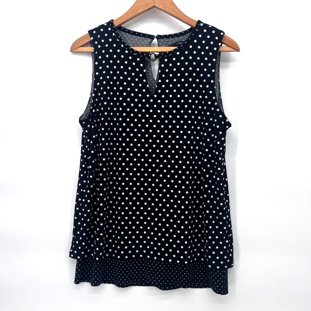 WHBM Sleeveless Blouse Polka Dot Layered Look Keyhole Neck Size MD Black White